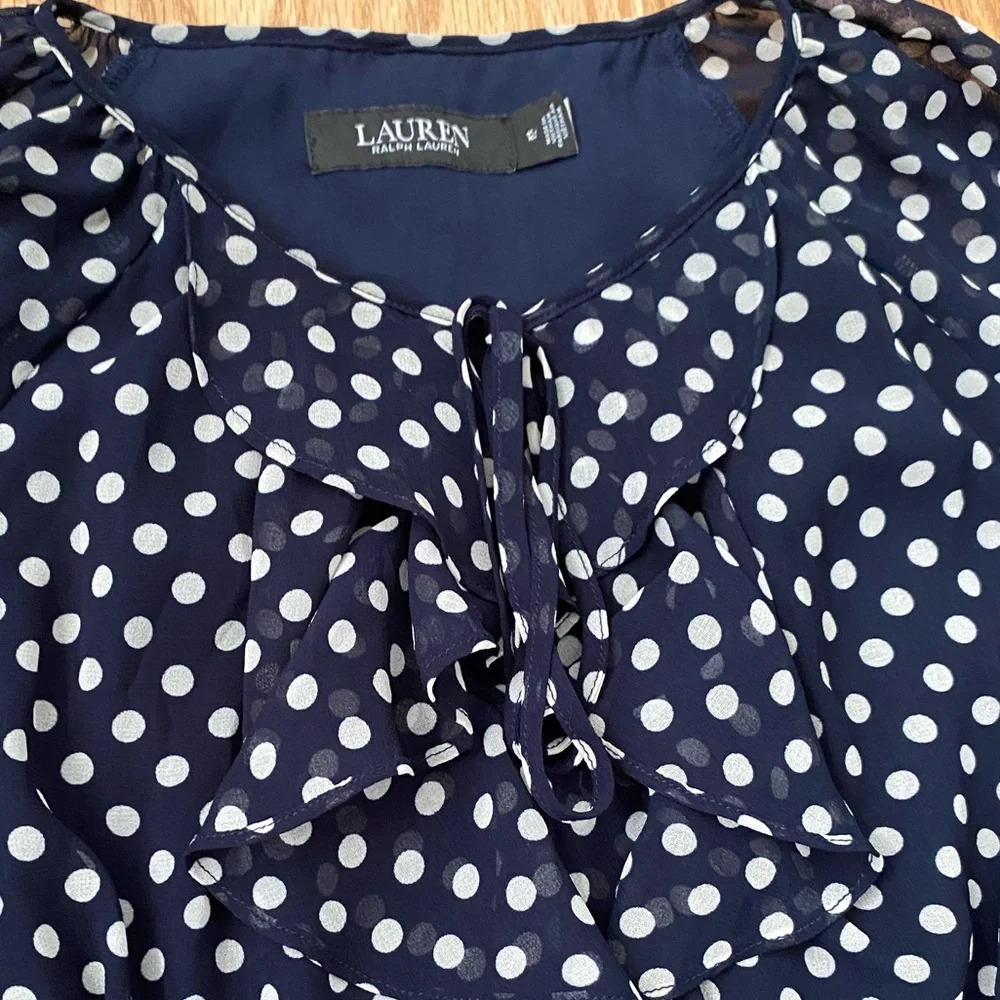 Lauren Ralph Lauren Polka Dot Chiffon Midi Dress Smocked Waist Navy Size 12 - Picture 4 of 14